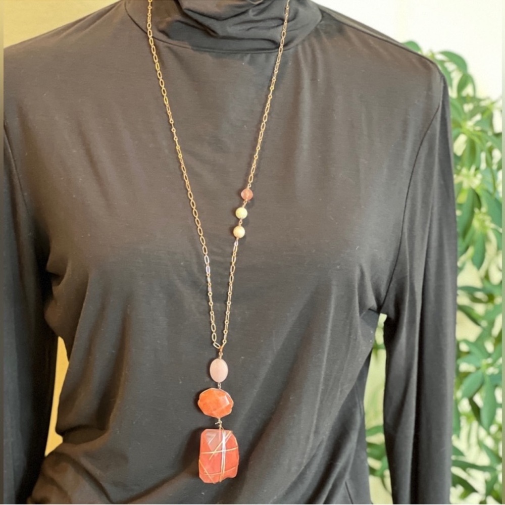 Free People Boho Rose gold and pink gem stone pendant necklace
